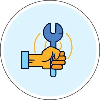 Hand holding wrench icon with gear representing maintenance and repair services