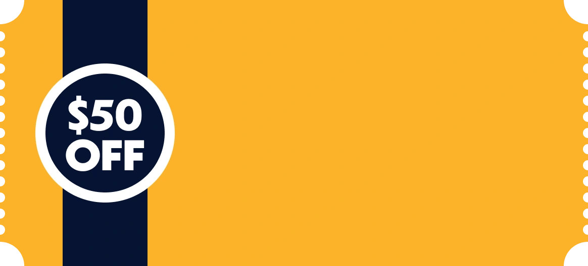 Yellow promotional coupon showing fifty dollar discount offer for electrical services for affordable electrical solutions